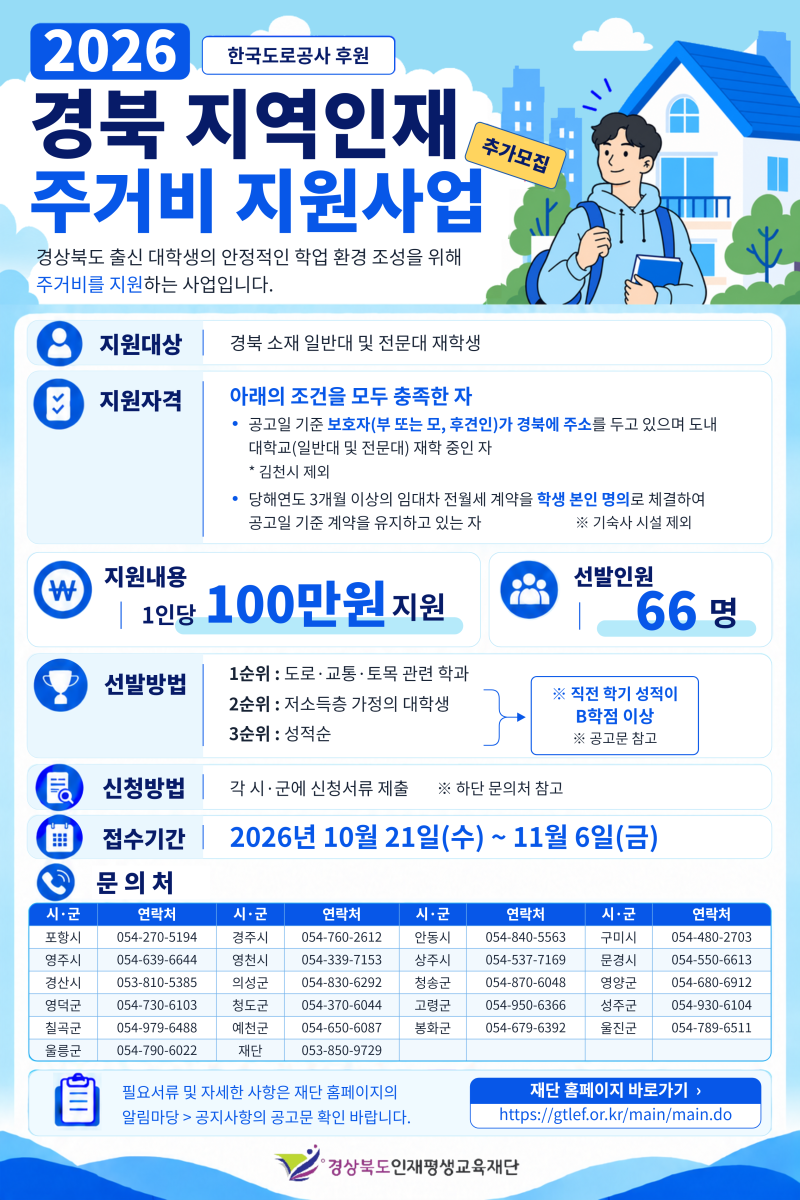 2026년 지역인재 주거비 지원사업 추가선발 홍보 포스터.png